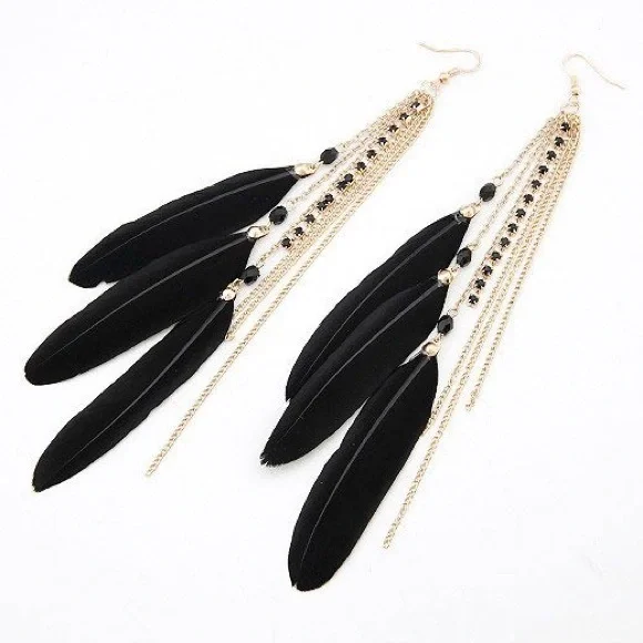 🔥3/$20 Sale🔥 Black White or Blue Gold Feather Earrings - Picture 1 of 3